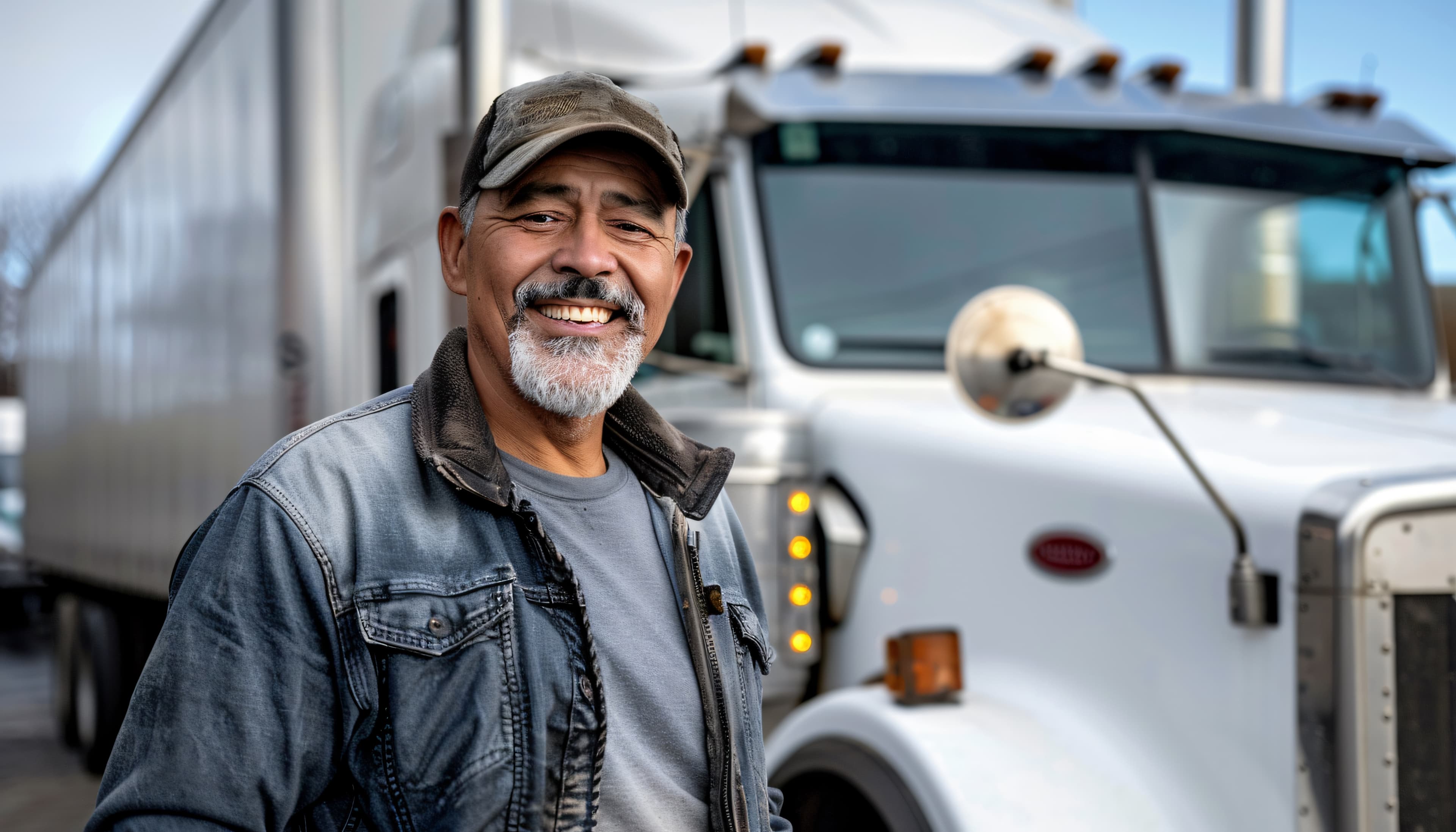 Smiling truck driver in front of a semi-truck